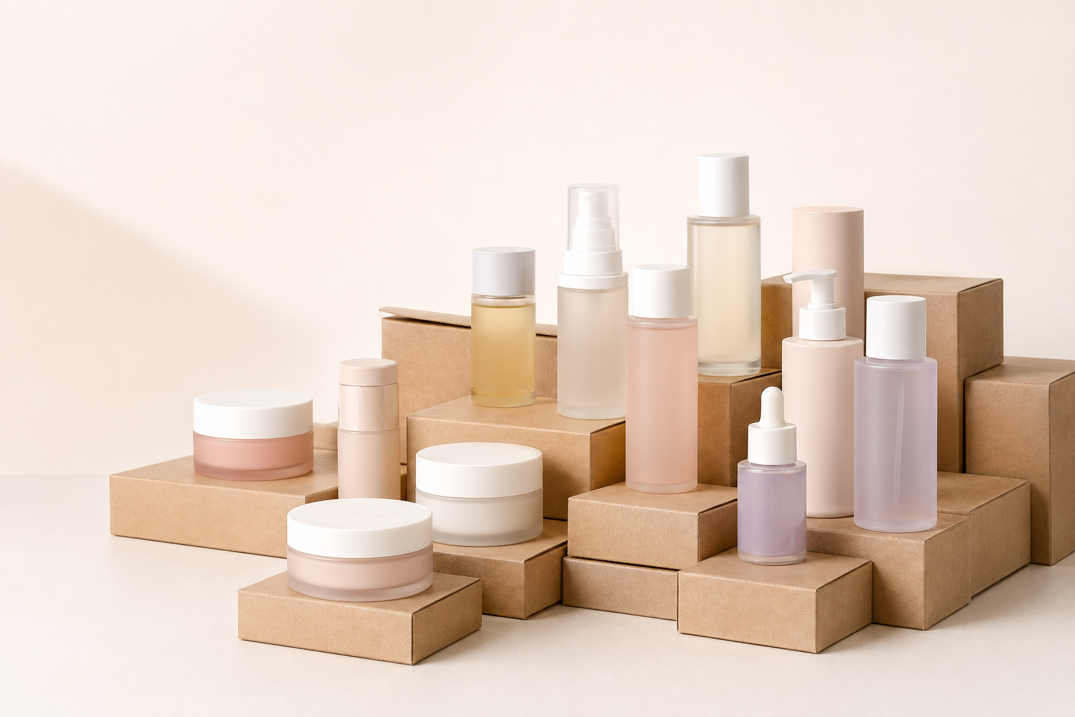 Korean skincare bottles and jars displayed on kraft wholesale shipping boxes